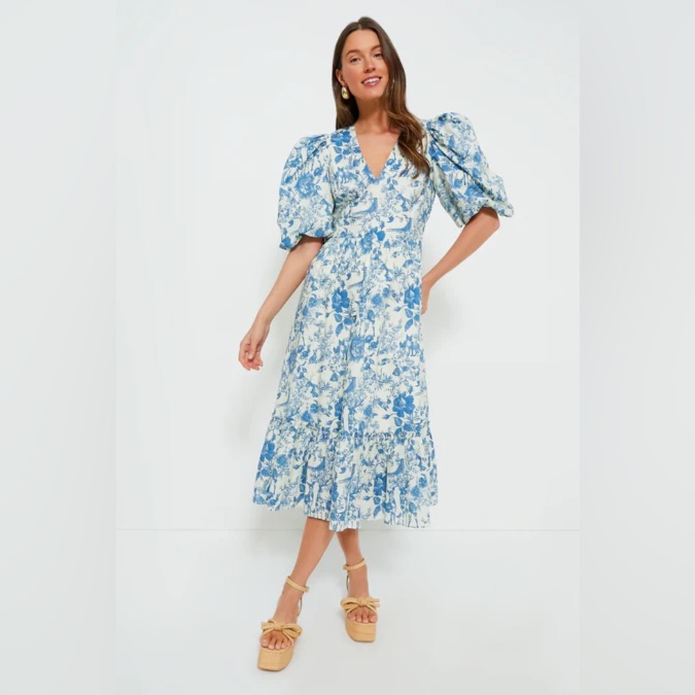 Blue Floral V-Neck Puff-Sleeve Midi Dress